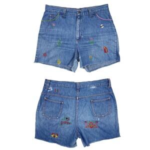 VTG 70s Embroidered Denim Shorts Womens 1X Talon Zip Custom Boho Hippie Festival